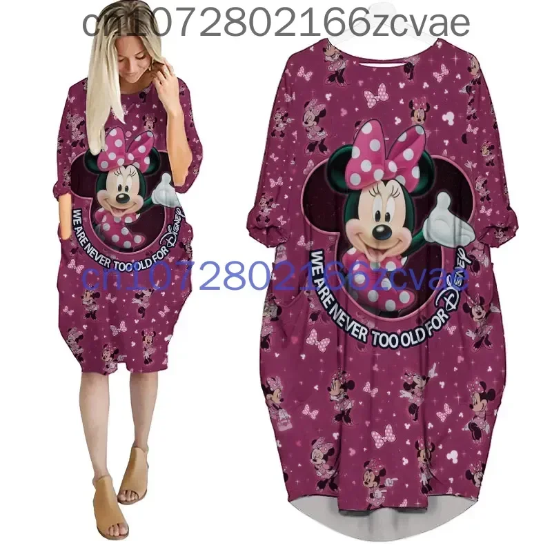 

New Minnie Mouse Pink Cute Disney Cartoon Summer Vacation Outfits Women Girls Batwing Pocket Dress