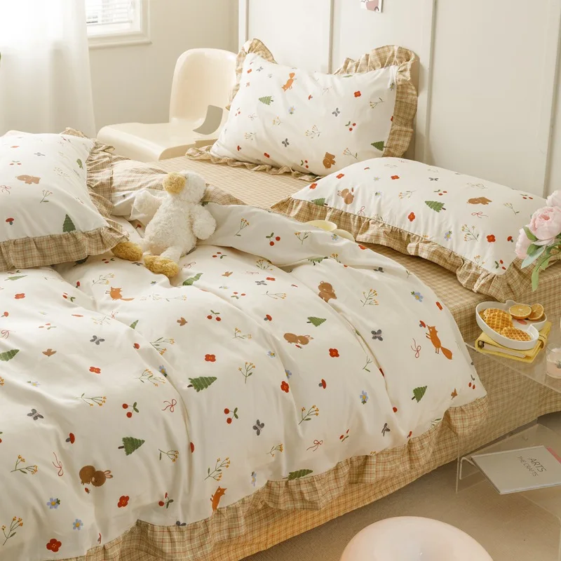 New Korean Edition Lace Bedding Set of Four Pieces Made of Pure Cotton Princess Style Sheet and Quilt Cover