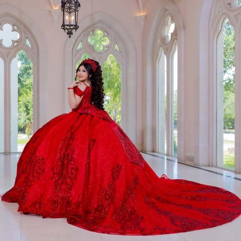 

Luxury Red Shiny Quinceanera Dresses Sequined Appliques Crystal Beading Tassel Vestidos De 15 Anos Ball Gowns Sweet 16 Dress