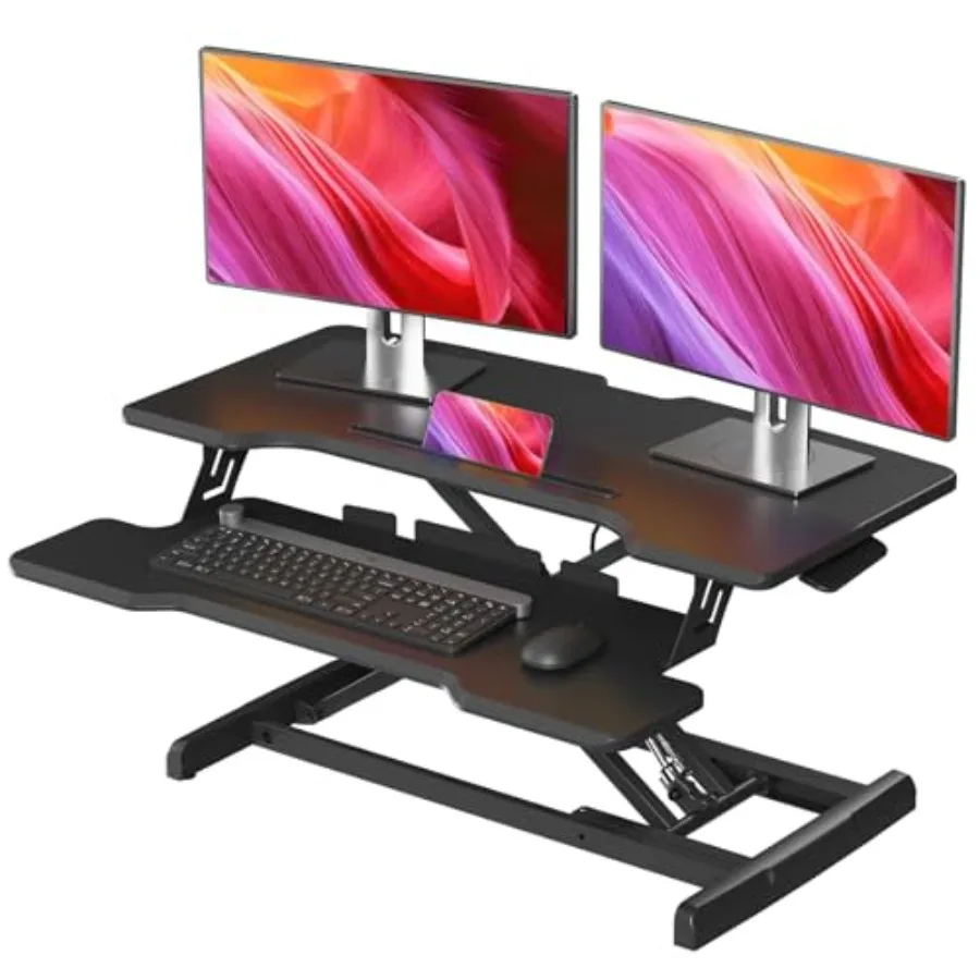 Standing Desk Converter 32 inch Height Adjustable Sit Stand Desk Riser for Home Office with Dual Monitor Support and Keyboard T