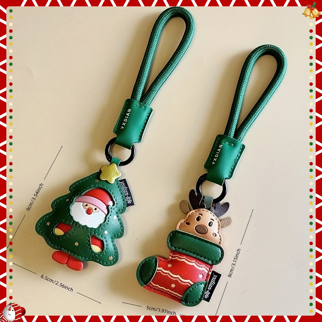 พวงกุญแจคริสต์มาสสุดหรู 1 ชิ้น ลายซานตาคลอส กวางเรนเดียร์ สายสีเขียว วัสดุ PU ของตกแต่งกระเป๋า ของขวัญคริสต์มาส ของชำร่วยงานปาร์ตี้