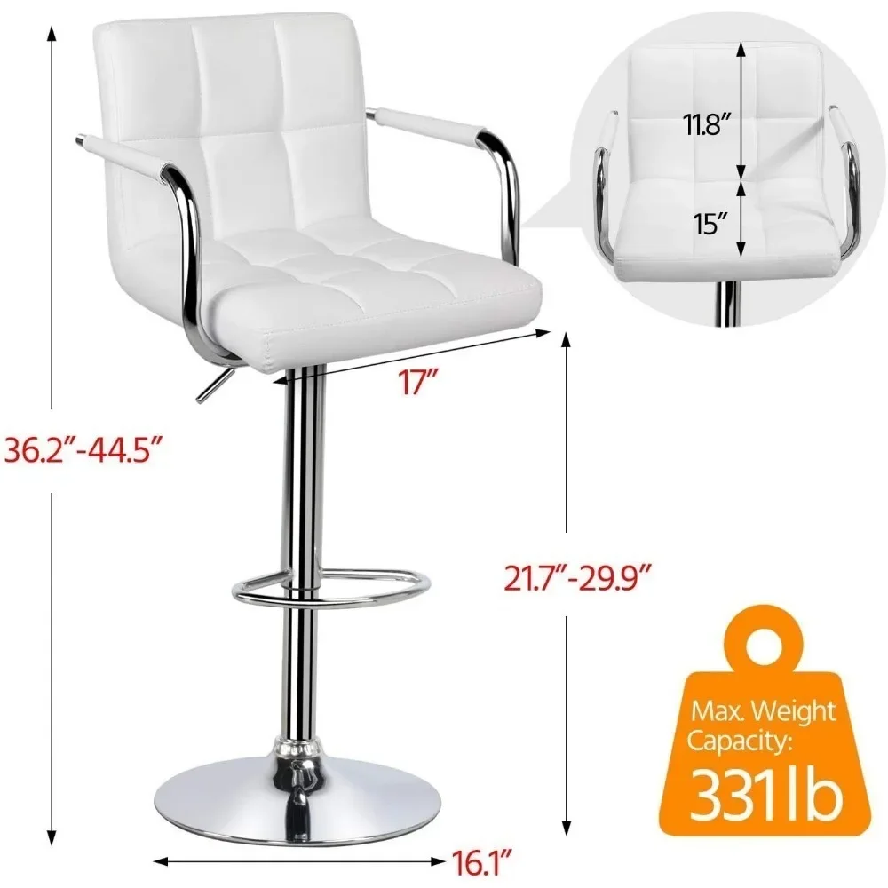 Modern Square PU Leather Bar Stools Set, Adjustable BarStools, Counter Height, Arms and Back Bar Chair