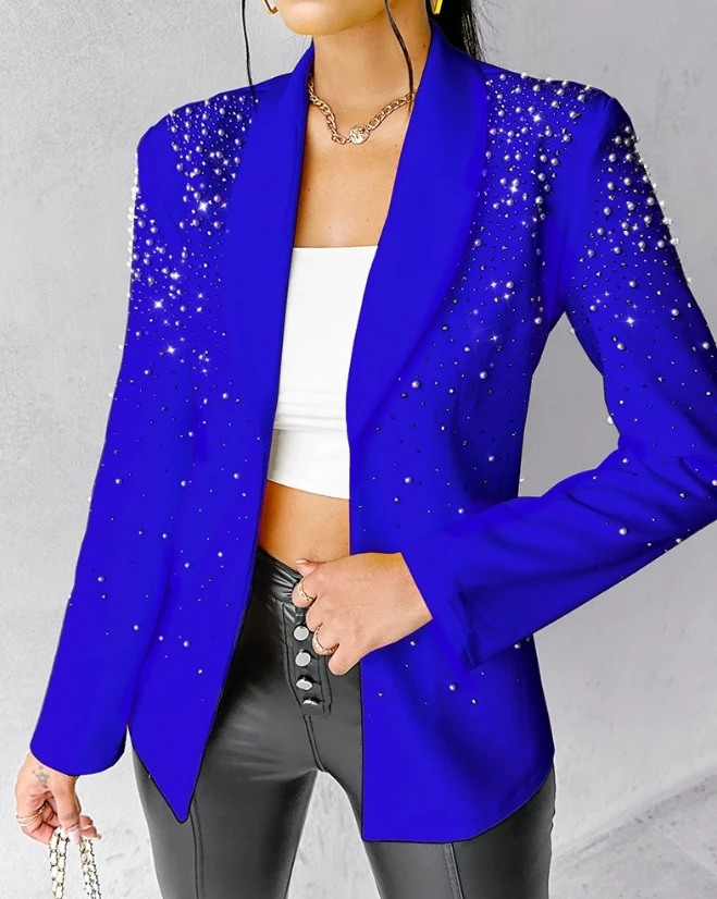 Blazer elegante de temperamento frisado para mulheres, casaco liso elegante, manga comprida, senhora do trabalho e do escritório, gola xale, outono