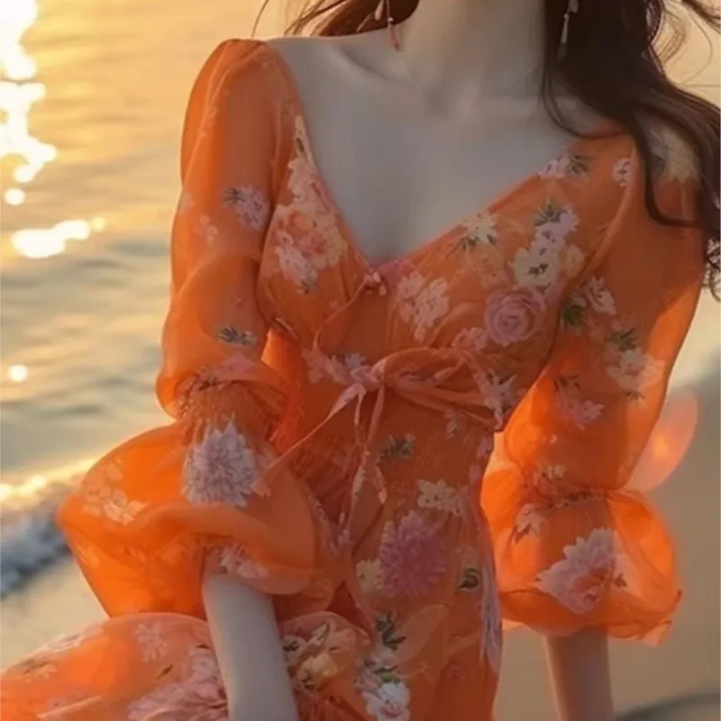 Women's Orange Collar Long-Sleeved Floral Dress for Seaside Vacation