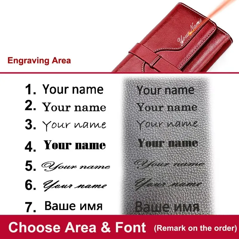 Name Engraving New Women RFID Wallets Genuine Leather Phone Pocket Zipper Female Coin Purse Big Capacity Card Holder For Girls