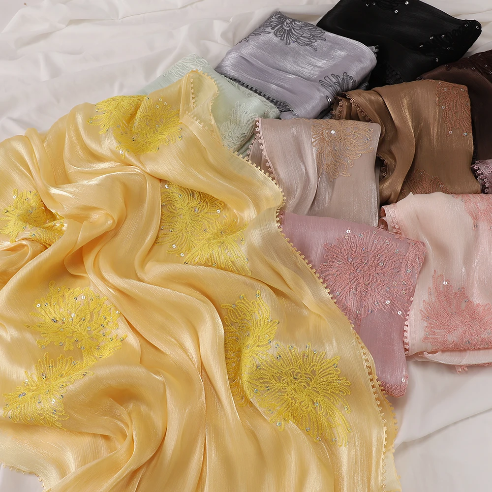 Blumenbestickter Hijab mit Funkelnden Pailletten, Glänzender Schal, Atmungsaktiver Islamischer Damenschal, Party-Gebetstuch, Kopftuch – Detail 7
