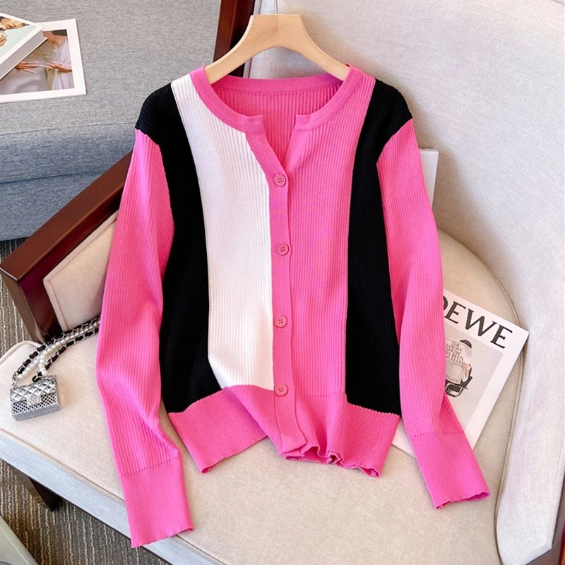 V Neck Cardigan Sweater Women 2023 Spring Autumn Contrast Color Long Sleeve Knitted Tops Female Korean Style Clothes Pull Femme