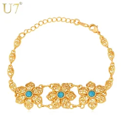 U7 Flower Chain Bracelet For Women Gold Color Blue Stone Beads Vintage Style Jewelry QC24