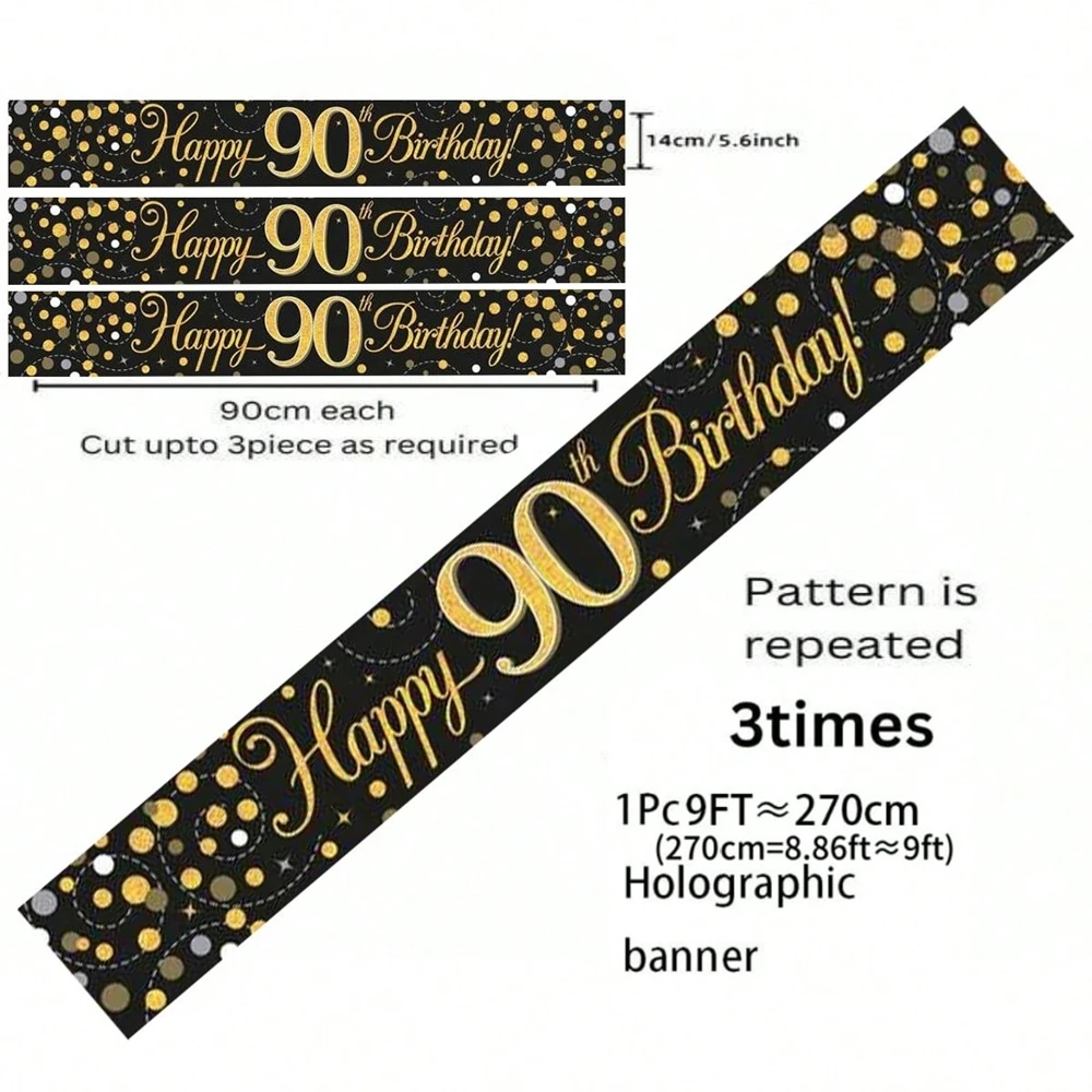 Schwarz-Gold Happy Birthday Banner, 9 Fuß Zuschneidbar mit Glitzerpunkten-Design für 18., 21., 30., 40., 50., 60. Party-Dekoration – Detail 11