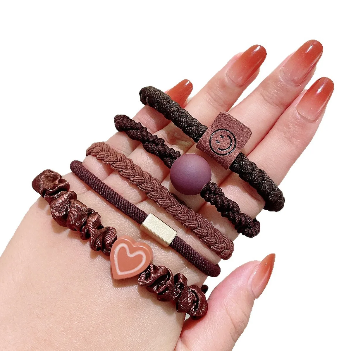 Lot de 5/10 pièces : Élastiques à cheveux tressés simples avec breloques cœur, sans dommage, pour femmes et filles, élastiques pour queue de cheval.
