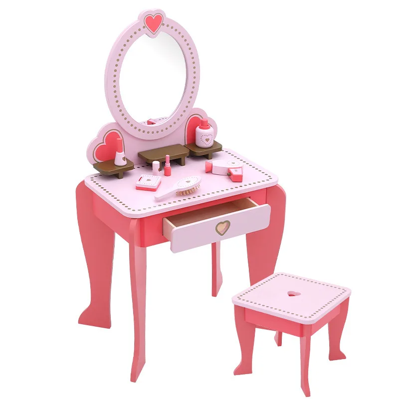 Onshine conjuntos de mesa de madeira princesa cômoda banqueta vaidade crianças simulação maquiagem brinquedos do bebê role playing beleza meninas presentes 3y +