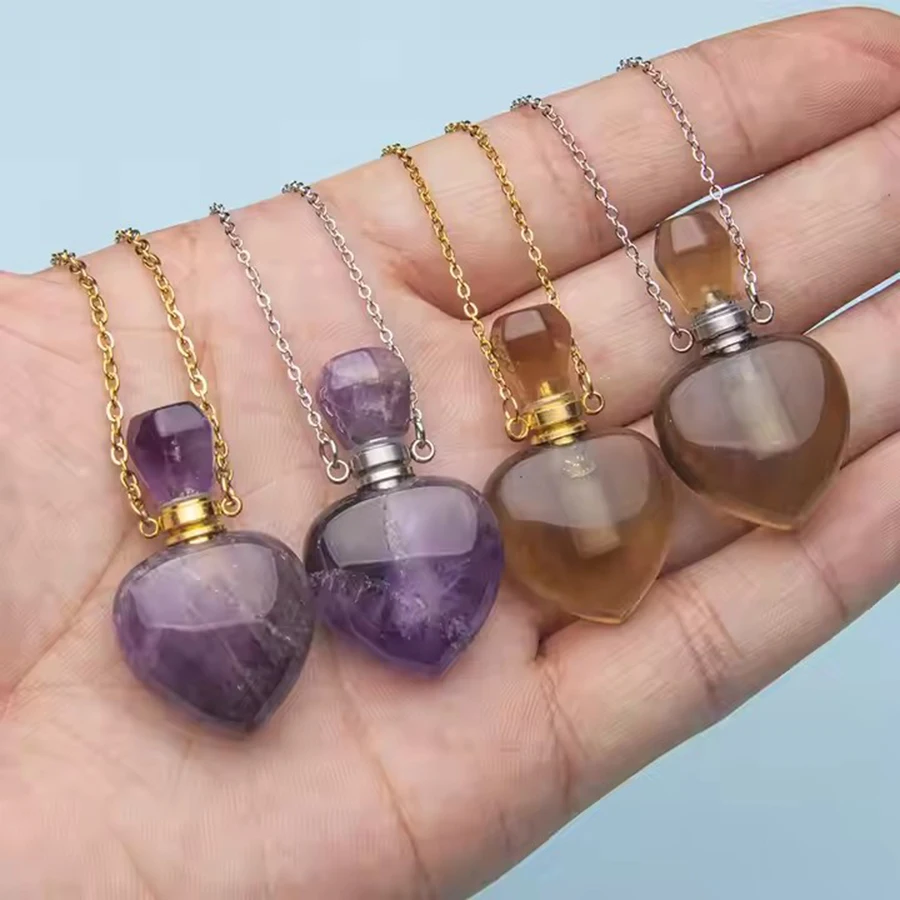 Heart Crystal perfume bottle pendant necklace aromatherapy essential oil gemstone perfume bottle pendant necklace