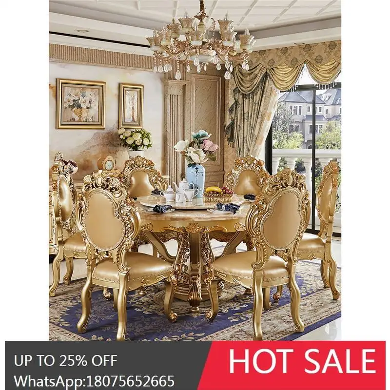 

SGF European Style Dining Table Marble Surface Round Solid Wood Carved Table and Chair Set