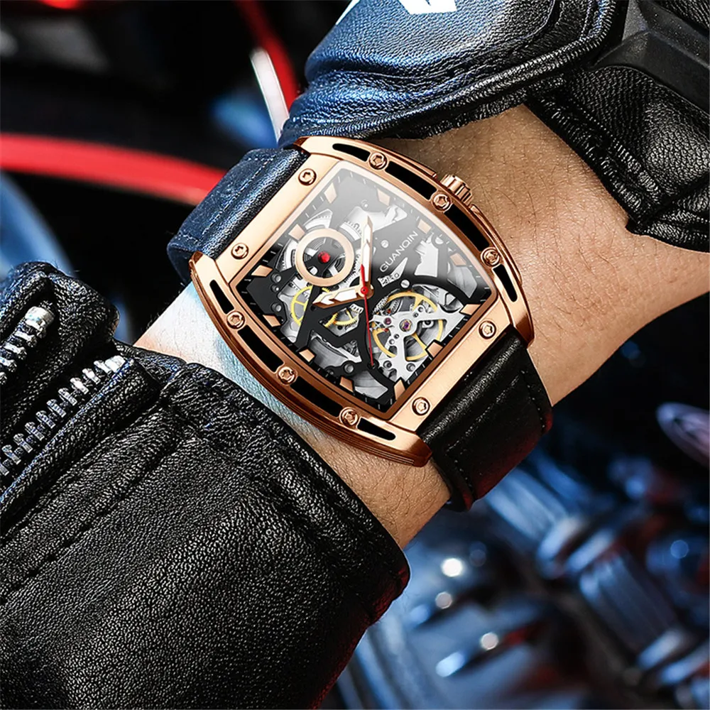 GUANQIN Automatic Mechanical Men's Wristwatch Hollow Design 50M Waterproof Luxury Leather Strap Watch Sapphire Crystal Clcok Man