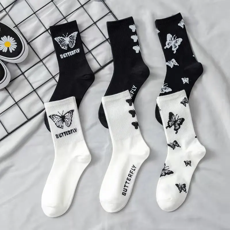 3/5/6 Pairs Women's Mid Length Stockings Set in Black And White With Butterfly Pattern Popular and versatile Sweat Absorption image 6