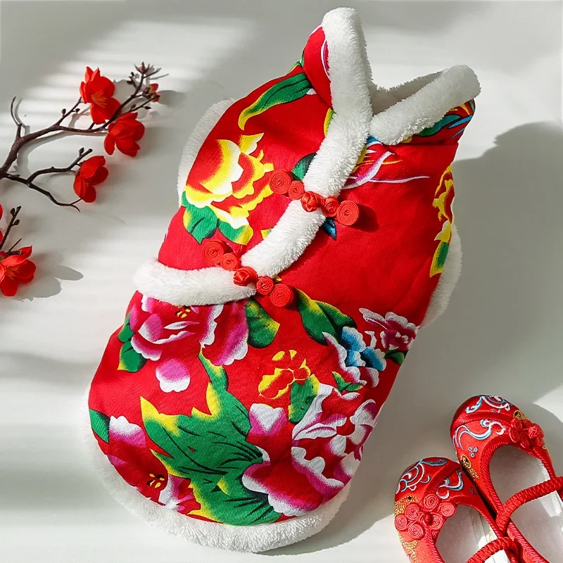 New Year Dog Dragon Robe Costume Winter Pet Clothes  of The Tang Dynasty Christmas Coat for Cats Teddy Bichon Small Medium Dogs