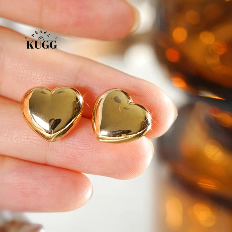 KUGG 100% 18K Yellow Gold Earrings Fshion INS Style Romantic Heart Shape Stud Earrings for Women High Christmas Gift