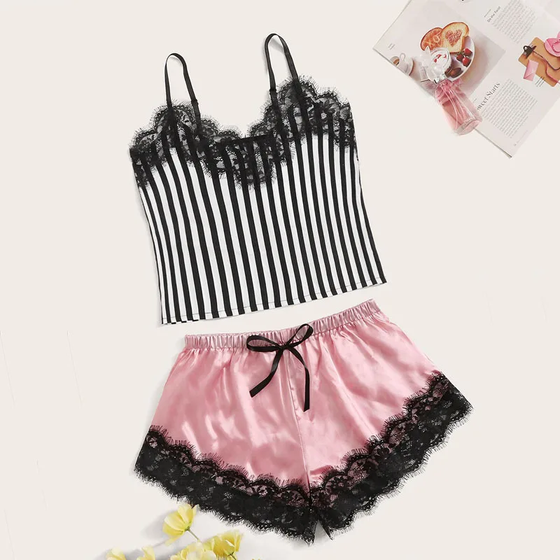 2pcs Summer Women\'s Sexy Home Casual Camisole Pajamas Set with Pink and Black Stripes Paired with Lace Edge V-Neck Sleepwear