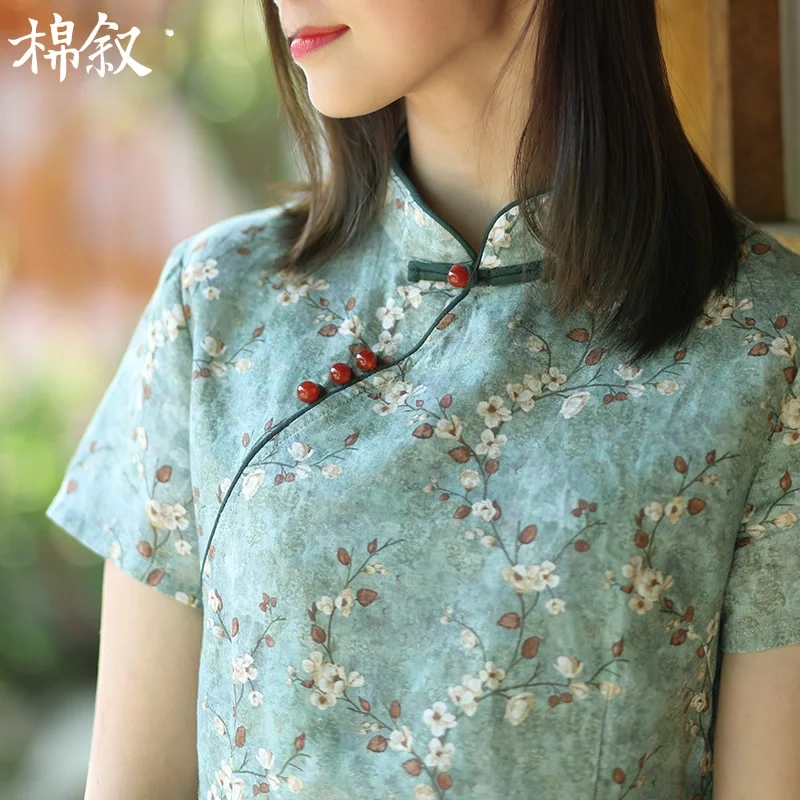 New Chinese Sle Cotton  Silk Print Midi Dr ort Sve Floral Embroidery Traditional  Low Slit Daily Wear