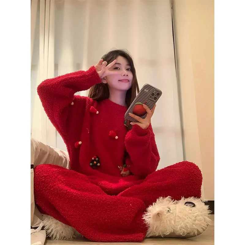 

Christmas Red Warm Pajamas Set Winter Thickened Warm Comfortable Nightgown Coedna Sleepwear Set New Year Outdoor Home Clothes