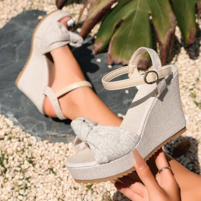 Women's Wedge Sandals Open Toe Platform Ankle Strap Bow Accent Woven-Look Texture High Heel Casual Daily Outdoor Walking Shoes