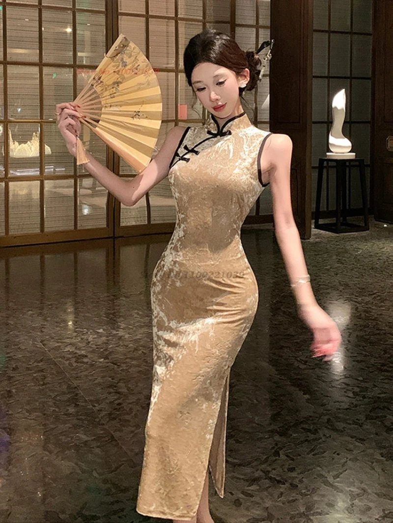 

2026 улучшенное китайское ципао, сексуальное ципао, традиционное ципао с тиснением, бархатное ципао, винтажное платье для ночного клуба, вечернее платье для банкета