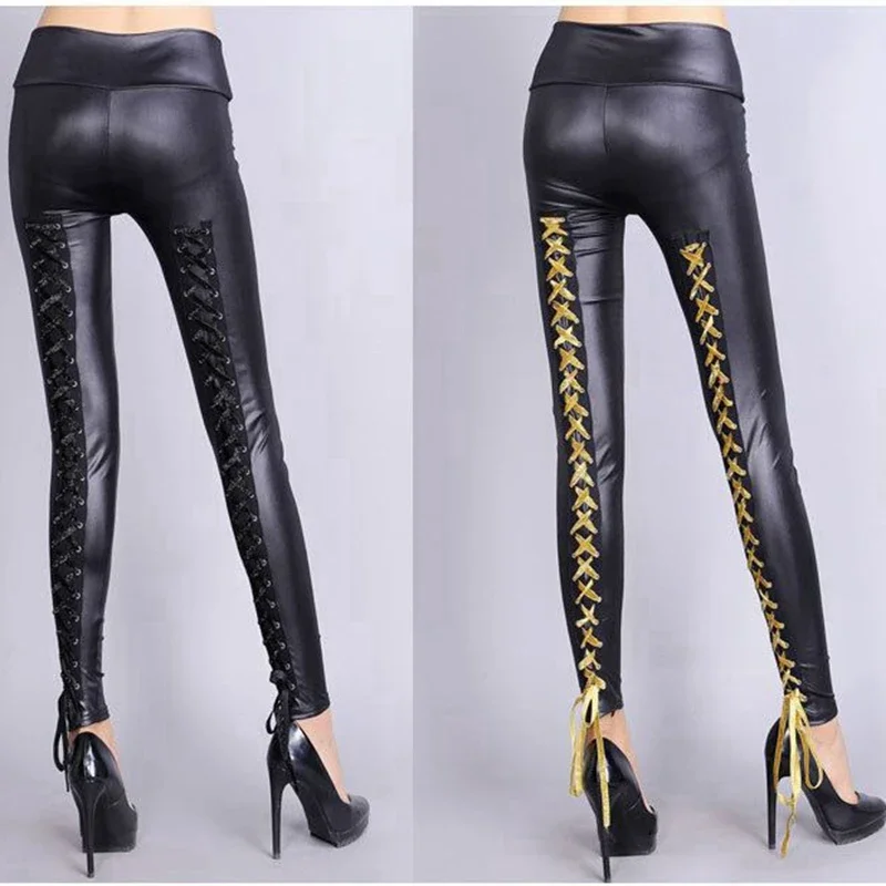 Sexy Women's Bandage High Waist Pants Leather Pants Long Tight Trousers 4 Color