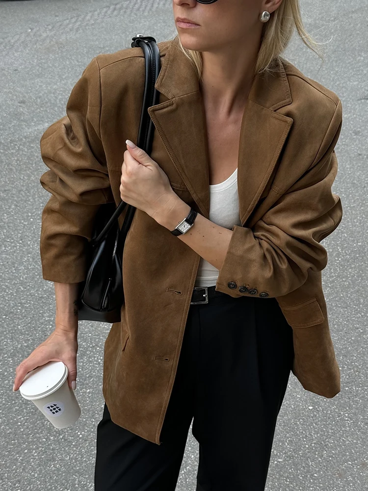 

BWQ Vintage Women Loose Suede Jackets Fashion Ladies Oversize Brown Faux Leather Outfit for Female HighStreet Chic Clothes Cute