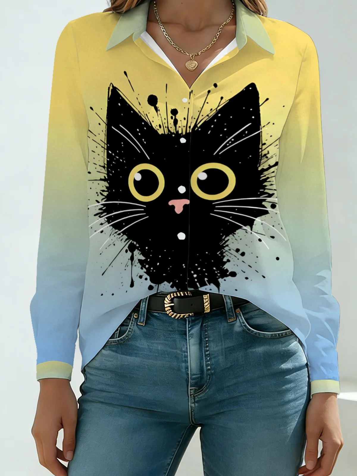Cool Ink Splash Kitten Womens Collared Shirt Yellow Light Blue Gradient Big Eye Black Cat Allover Print Long Sleeve Travel Stree