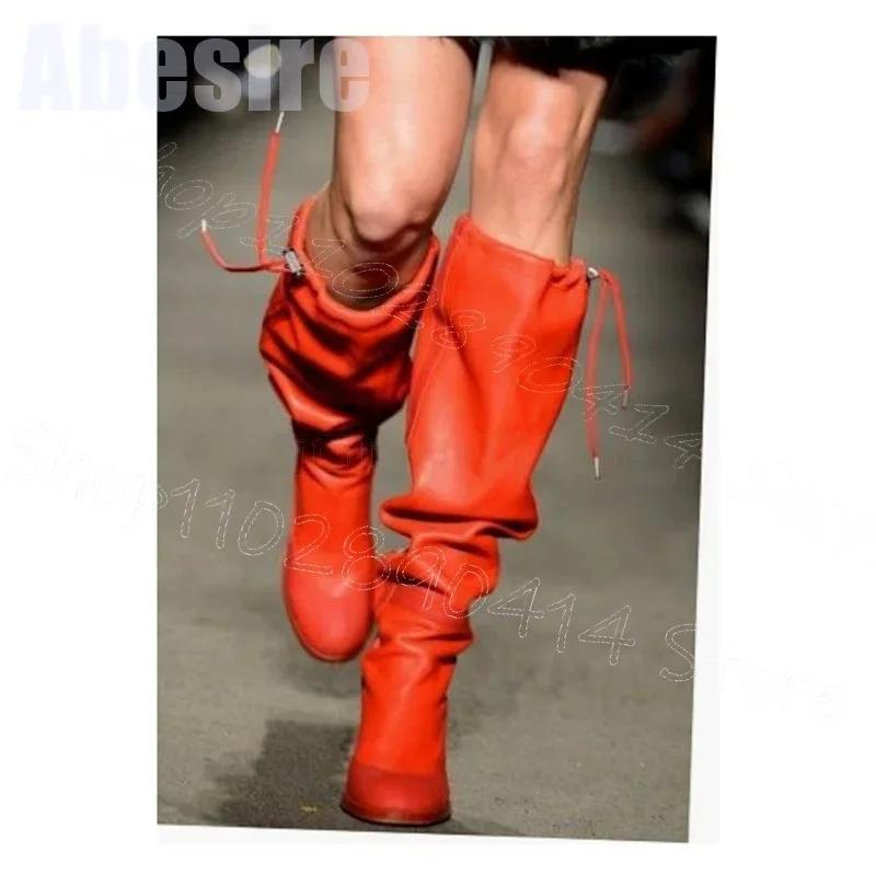 

Red Pleated Design Round Toe Runway Boots Elastic Band Women Shoes Chunky High Heels New Party Banquet 2025 Zapatos Para Mujere