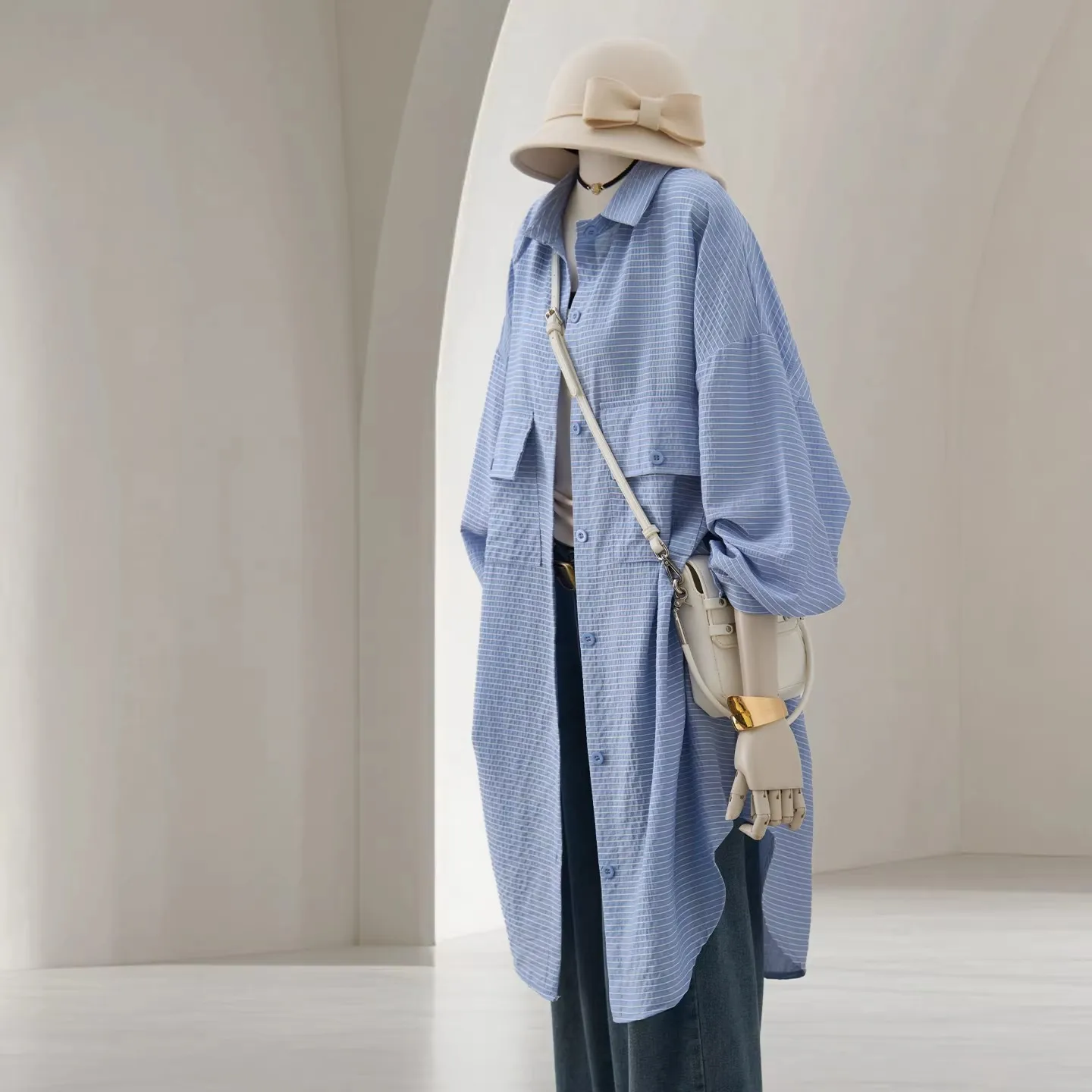 

Blue Thin Long Sleeve Shirt Women's Spring Summer New Style Lazy Texture Air Conditioner Shirt Neutral Style No Brand Fleece ...