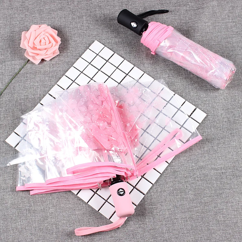 Clear PVC Umbrella Cute Three-Fold Sakura Cherry Blossom Transparent Umbrella Flowers Flora Printing, Rainproof and Windproof