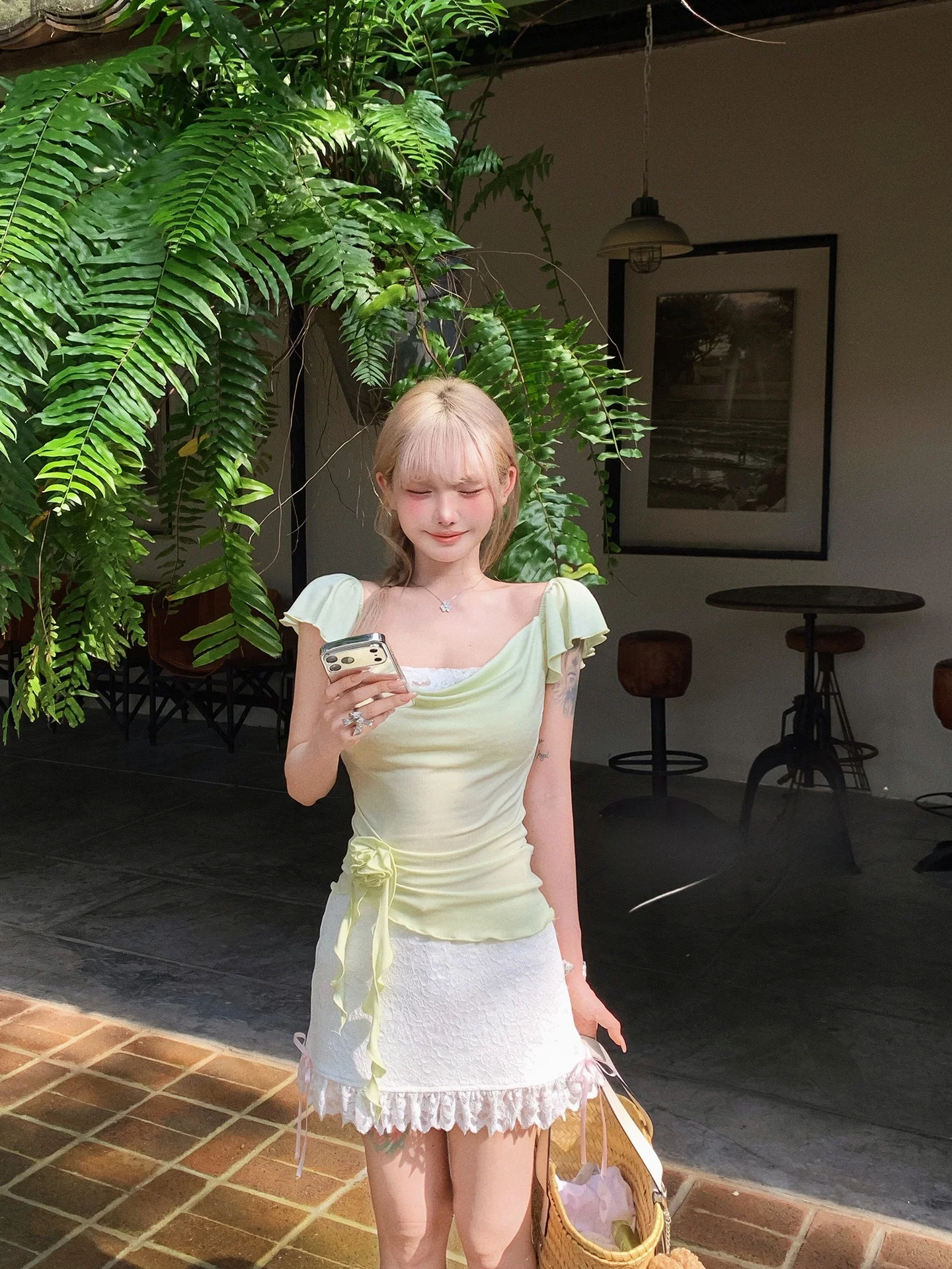 GirlyFancyClub Summer Cool White Honey Melon Green Fly Sleeve Swing Neck Slim Fit Fake Two-Piece Top Women Sweet Style Short ...