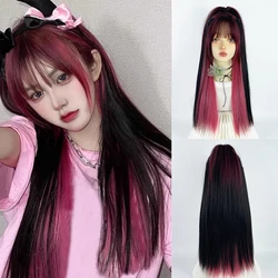 GAKA Pink Highlights Long Straight Lolita Synthetic Wig Double Color Hair Girl Cosplay Daily Use With Bangs