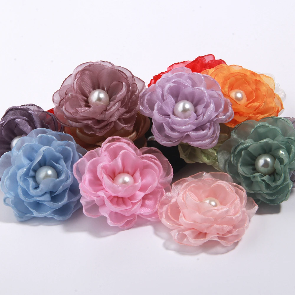 

6cm Fabric Flowers Pearl Center Floral Burnt Organza Singed Flower for Headband Hair Accessories
