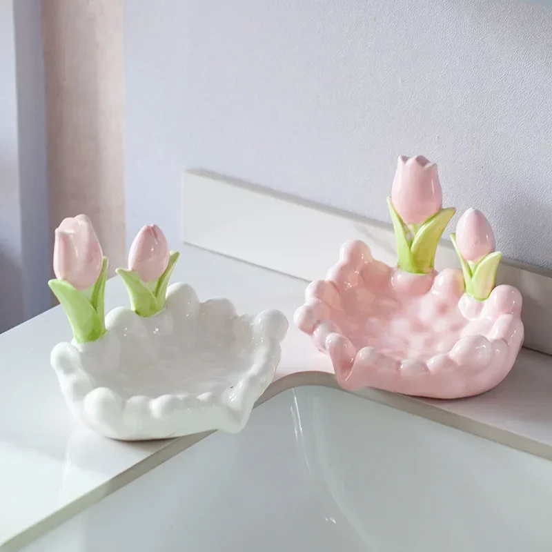 Ceramic Drain Soap Box, Cute Flower Drain, Home Creative Light, Luxury Drain Sink, Bathroom Shelf