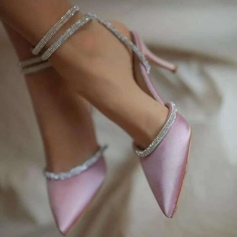 Rhinestone Trim Ankle Wrap Pointed toe Women Pumps Pink Satin Cover Heels Hollow Lace Up Dress Shoes