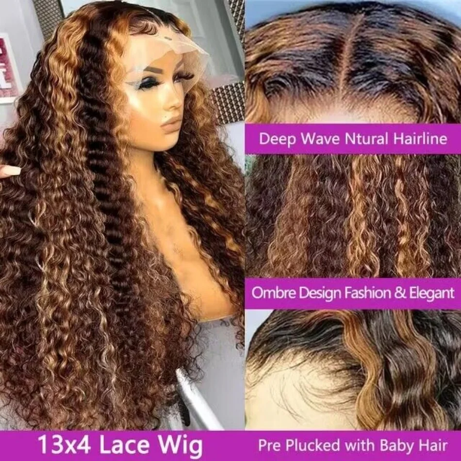 30 40 Inch Highlight Honey Brown Curly Lace Front Human Hair Wigs 13x6 13x4 Ombre Colored Deep Wave Lace Frontal Wig For Women