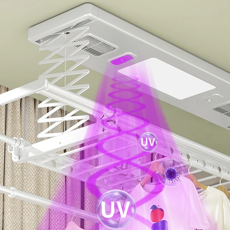 Smart Multifunctional Clothes Drying Rack Heating LED Lighting Automatic Height-Adjusting Foldable Design Bluetooth Voice