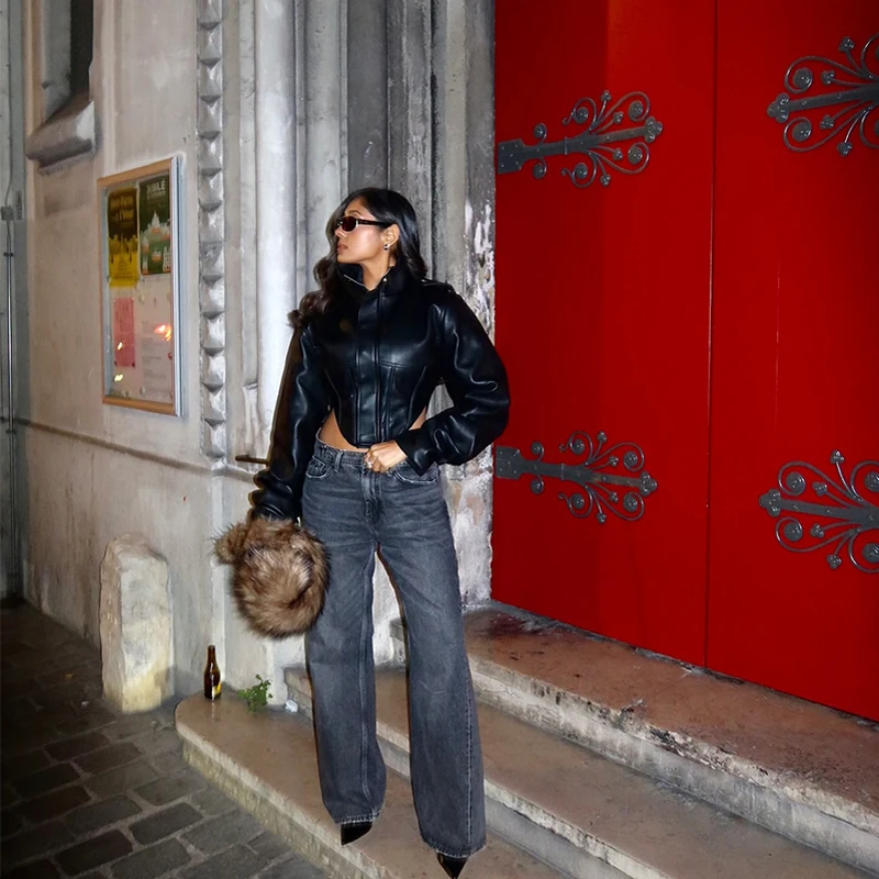 المرأة الخريف الشتاء مربوط الوقوف طوق سترة جلدية الشارع الرجعية سترة جلدية قصيرة سستة دراجة نارية ركاب الشارع الشهير