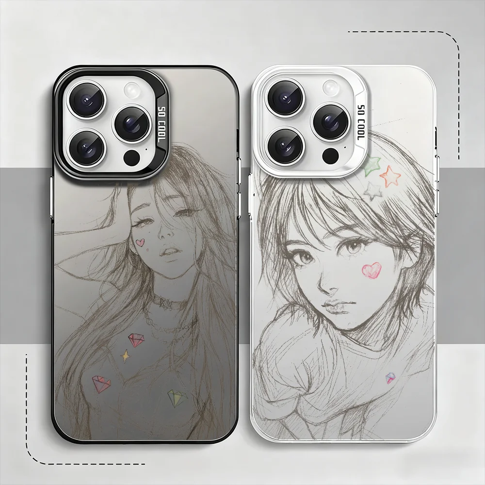 

Sketch style ins Girl phone case For iPhone 12 11 13 14 15 16 17Max Pro Plus Mini Protective IMD Color Cover