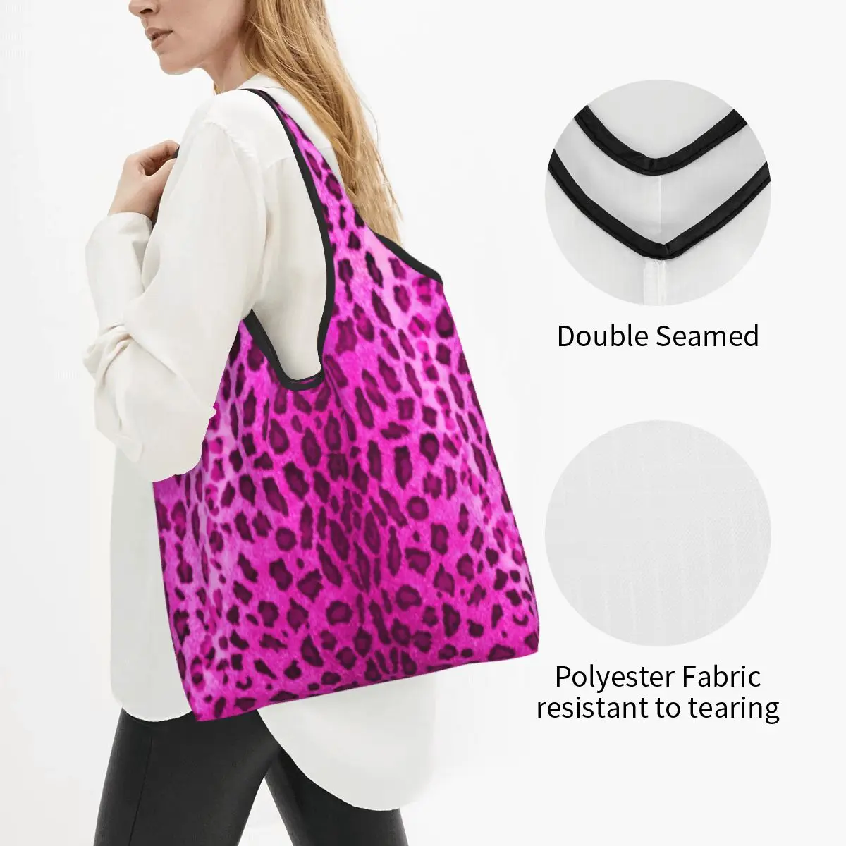 Kawaii Pink Leopard Shopping Tote Bag Portable Animal Skin Print Grocery Shopper Shoulder Bag