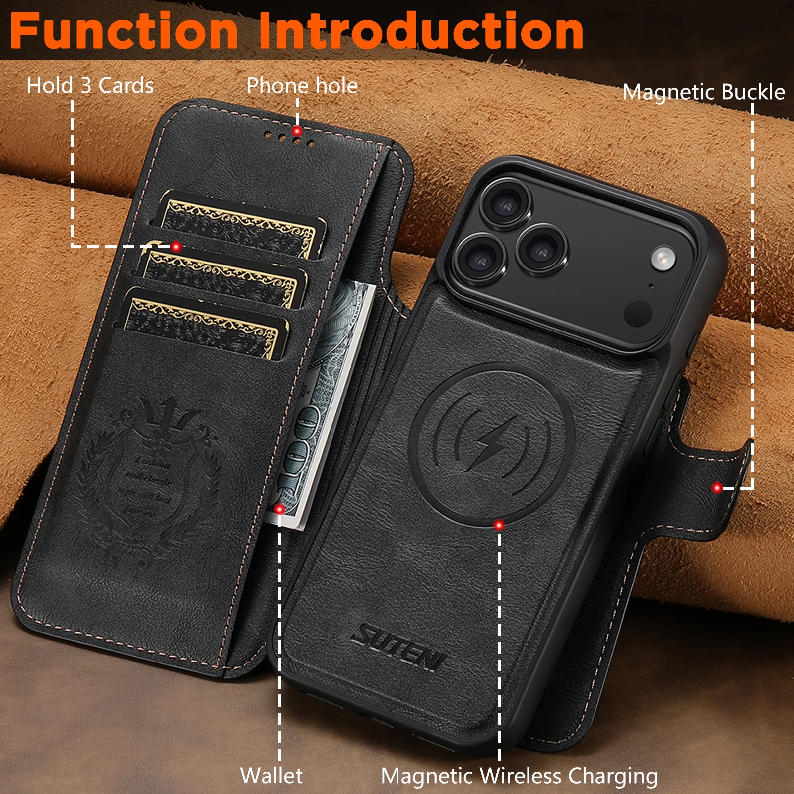 SUTENI Kunstleder Kabelloses Ladegerät Kartenhalter Ständer Brieftasche Magnetische Klapphülle Handyhülle für iPhone 18 Pro Max 17 16 15 14 – Detail 23