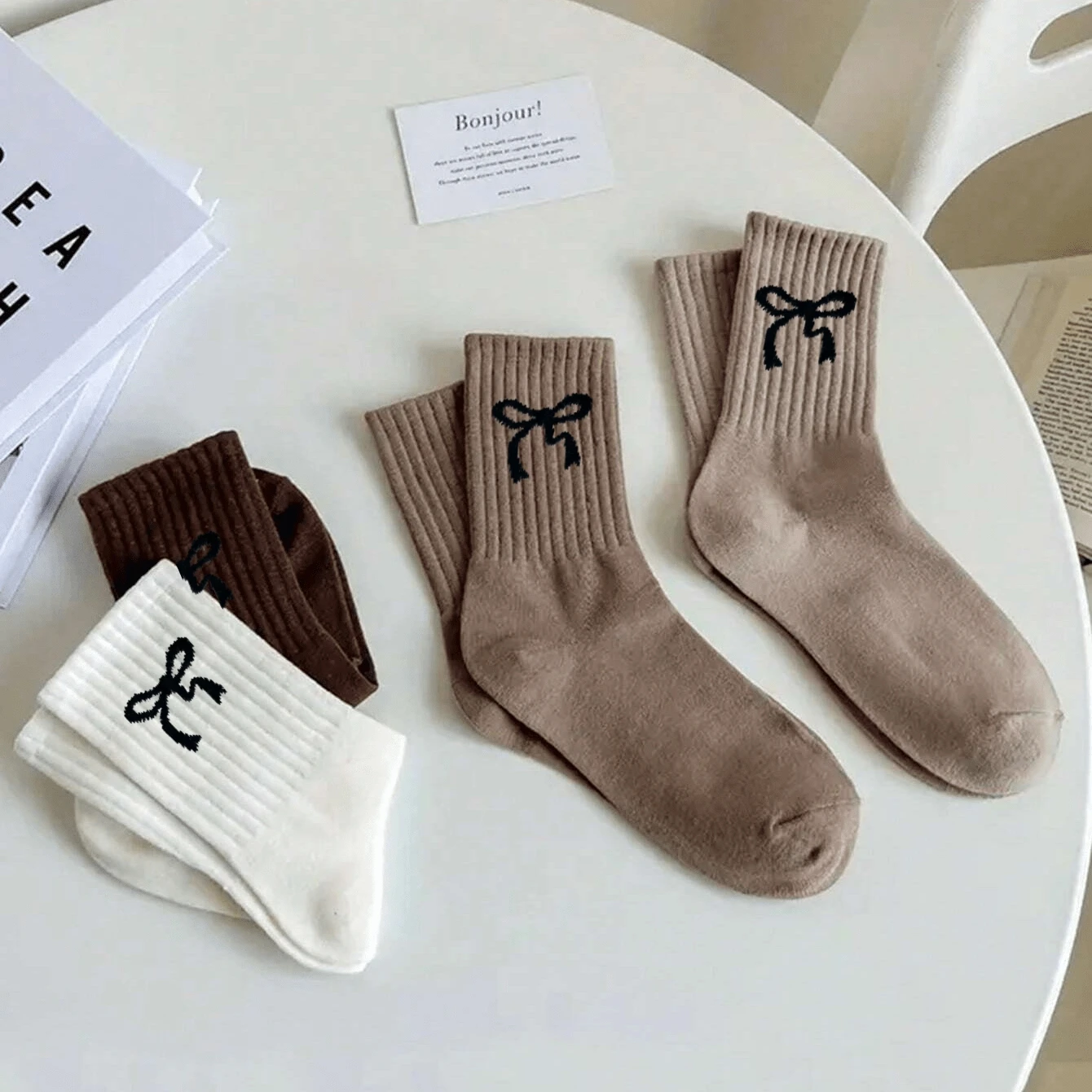 3/5/10 Pairs Women's Crew Socks, White Socks, ,bow  Comfortable, Breathable, Moisture-Wicking image 4