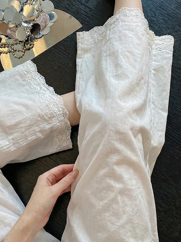 

New Chinese Style Wide Leg Pants Women's Casual Straight Cut Lace Trim Loose Fit Slimming Long Pants Linen Blend