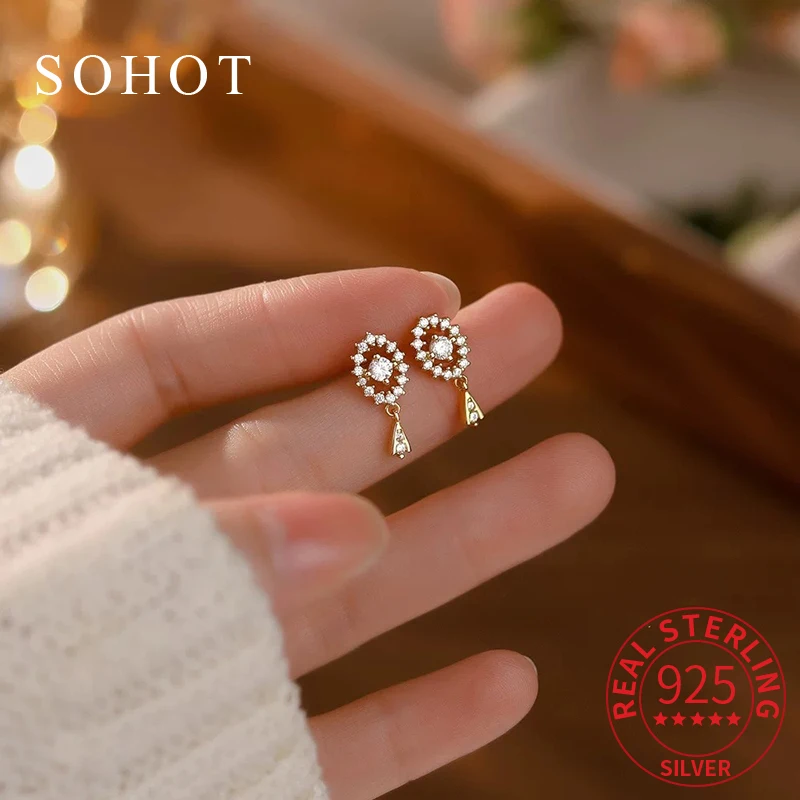 

Real 925 Sterling Silver Pearl Hollow Zircon Pendant Mini Stud Earrings for Charm Women Classic Fine Jewelry Accessories