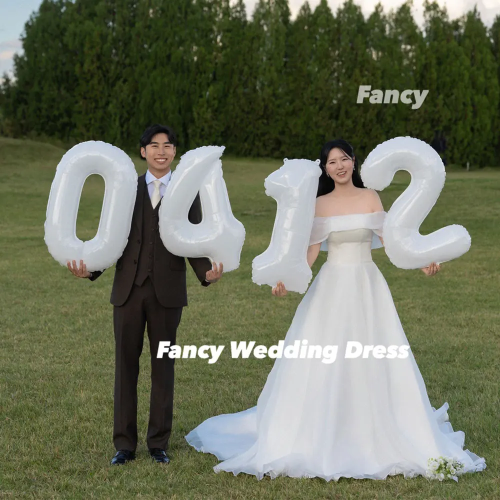 Fancy Princess Korea Organza Wedding Dress Off Shoulder Short Sleeve Bridal Gown Floor Length Back Corset Customized