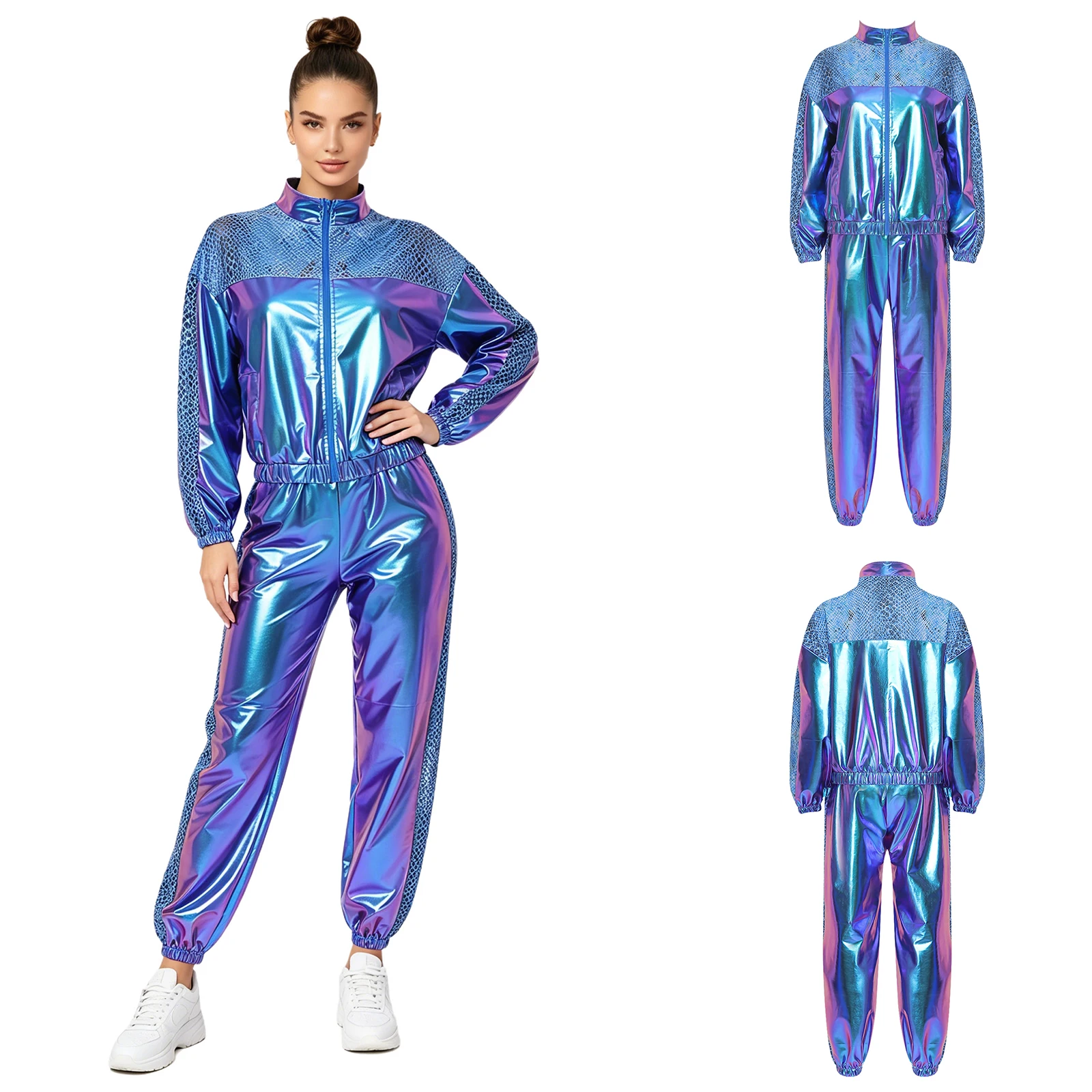 Women 70-80s Disco Hip Hop Jazz Street Dance Outfit Metallic Shiny Zipper Jacket with Jogging Pants for Halloween Carnival Party