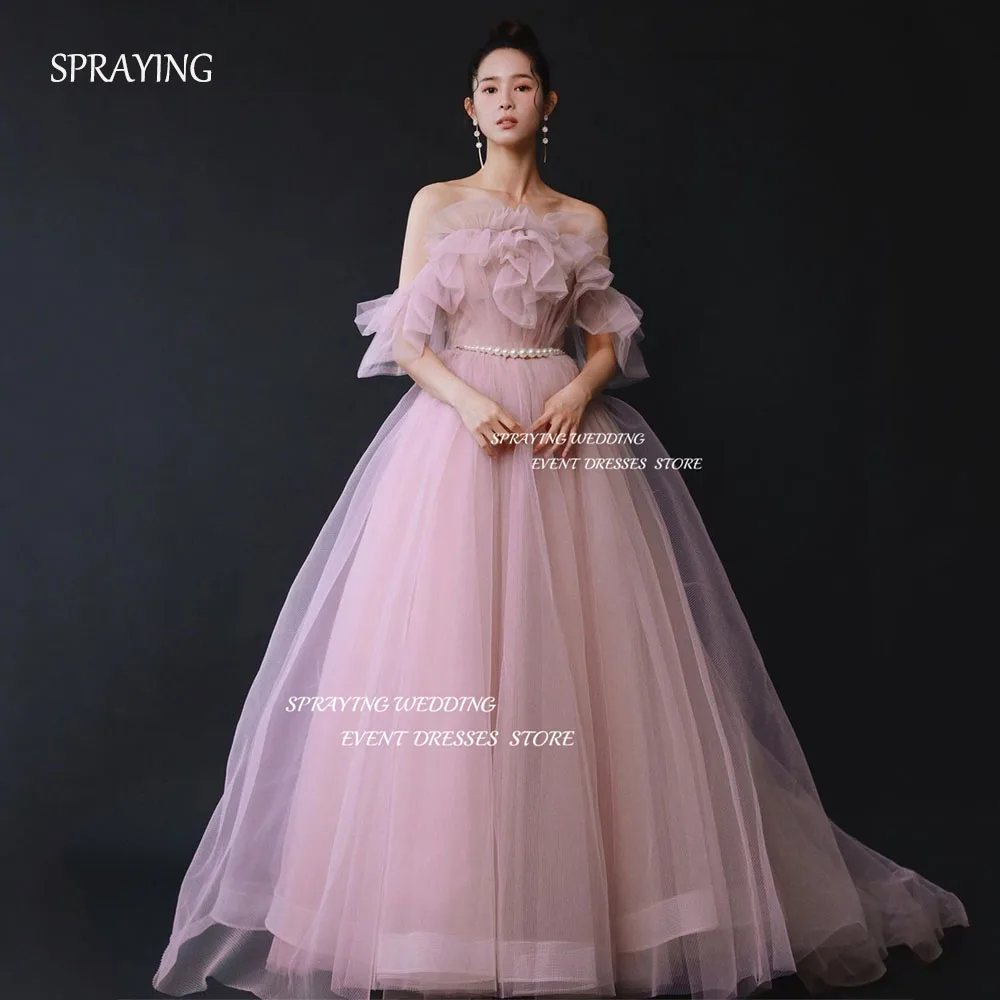 

SPRAYING Luxury Strapless Evening Party Dresses Pearls Waist Korea Floor Length Wedding Women Formal Event Prom Gowns Corset