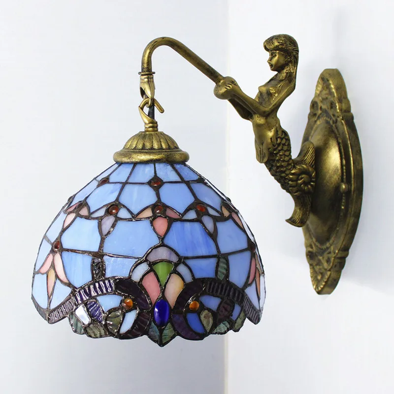 European-Style Mediterranean Stained Glass Mirror Headlight Bedroom Bedside Balcony Study Restaurant Creative Tiffany Wall Lamps